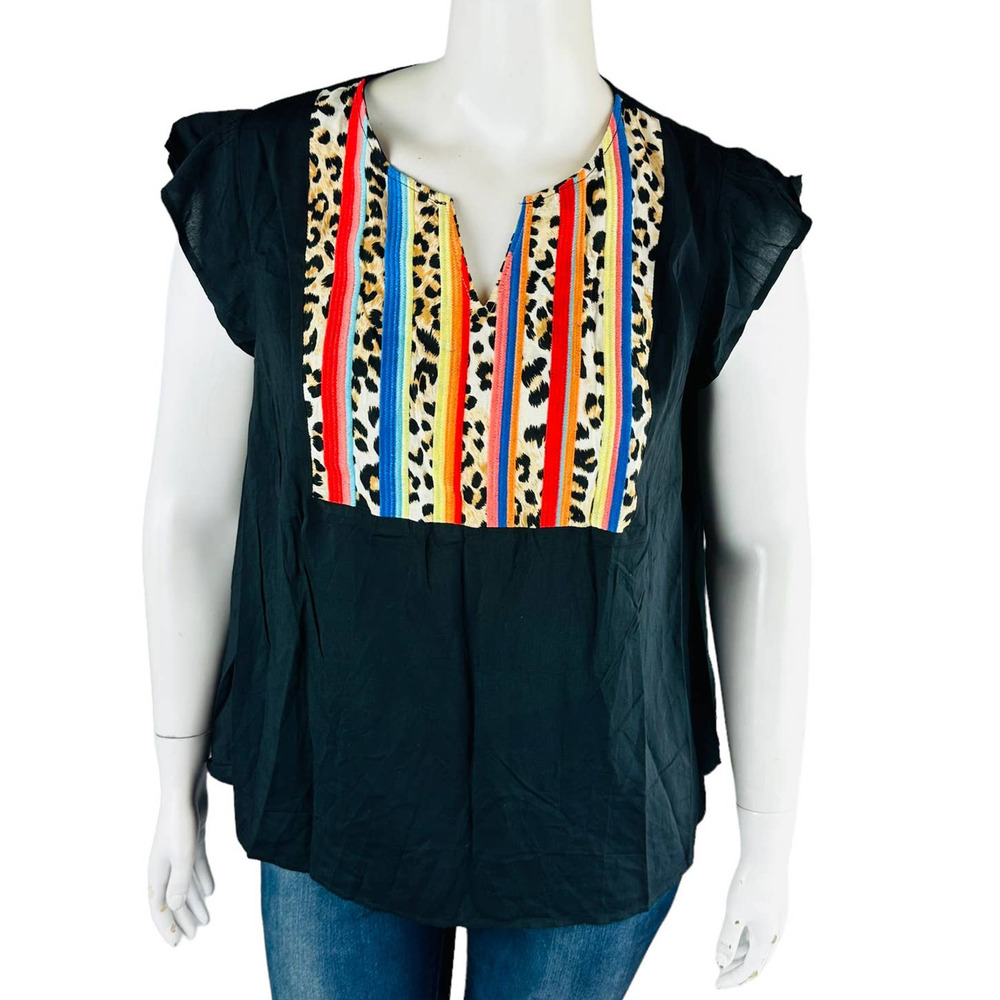 Savanna Jane Womans Sz 1X Plus Blouse Embroidered Top Animal Stripe Shirt Black